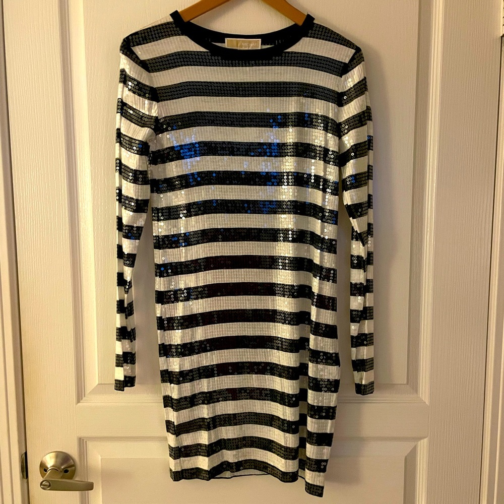 Michael Kors black and white striped sequin mini dress